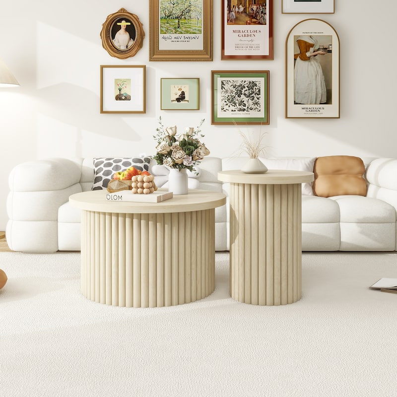 2-Piece, Modern Round Coffee Table Set with Wood-Grain Vertical Slat Legs and Foot pads, for Living Room
