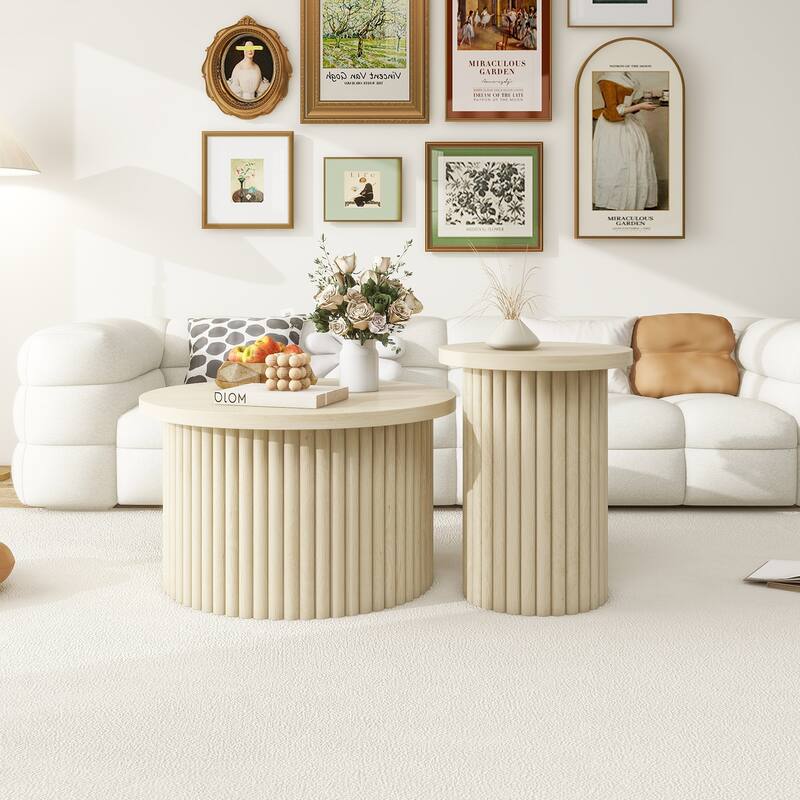 Round Coffee Table Modern Side Table with Wood Grain Vertical Stripe Coffee Table Legs Foot Pad, for Living Room