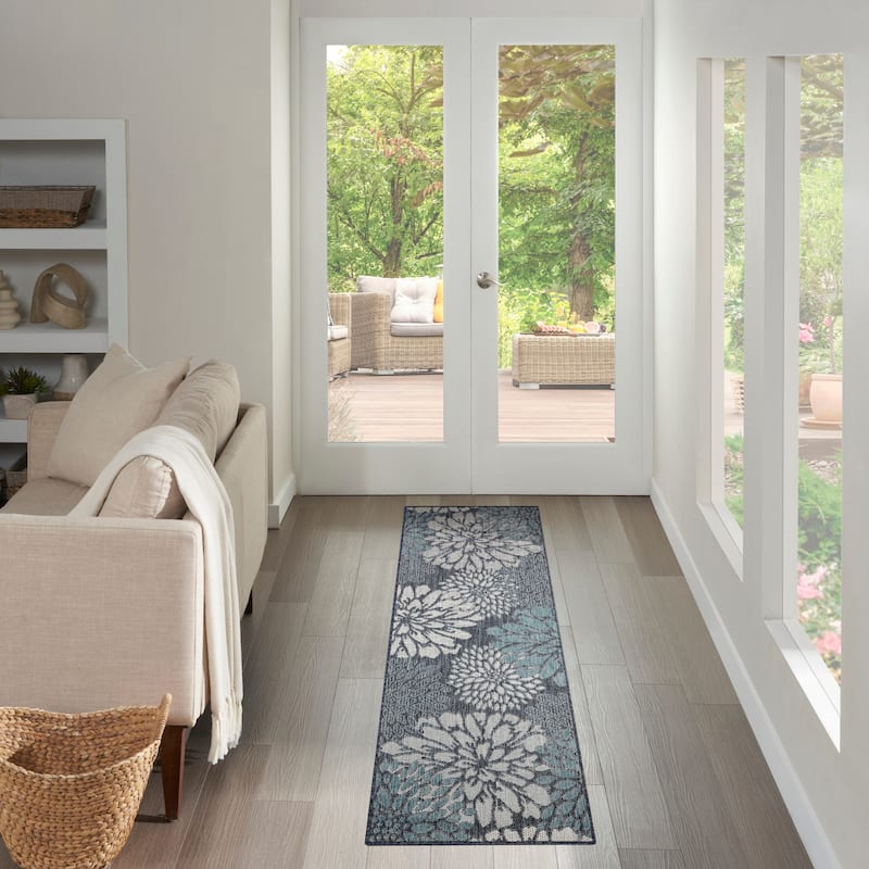 Nourison Garden Oasis Indoor/Outdoor Blue Floral Tropical Area Rug - 2' x 6' - Navy