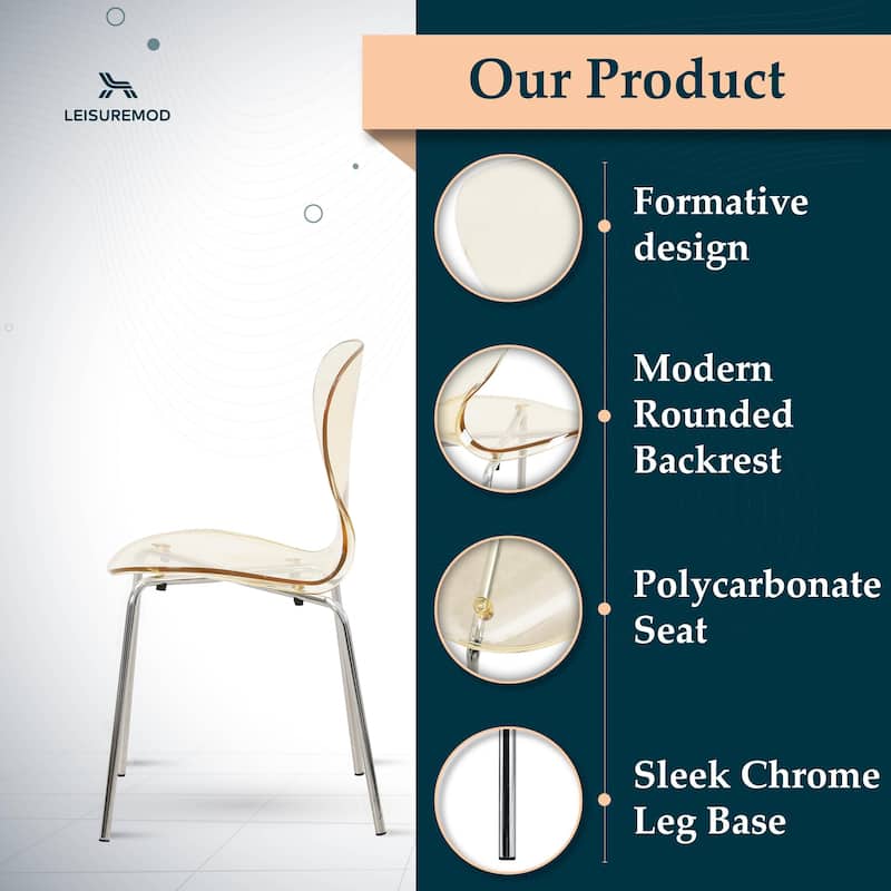 Oyster Modern Ergonomic Transparent Stackable Dining Side Chair with Chrome Steel Legs, Rounded Seat Edge for Indoor Outdoor Use