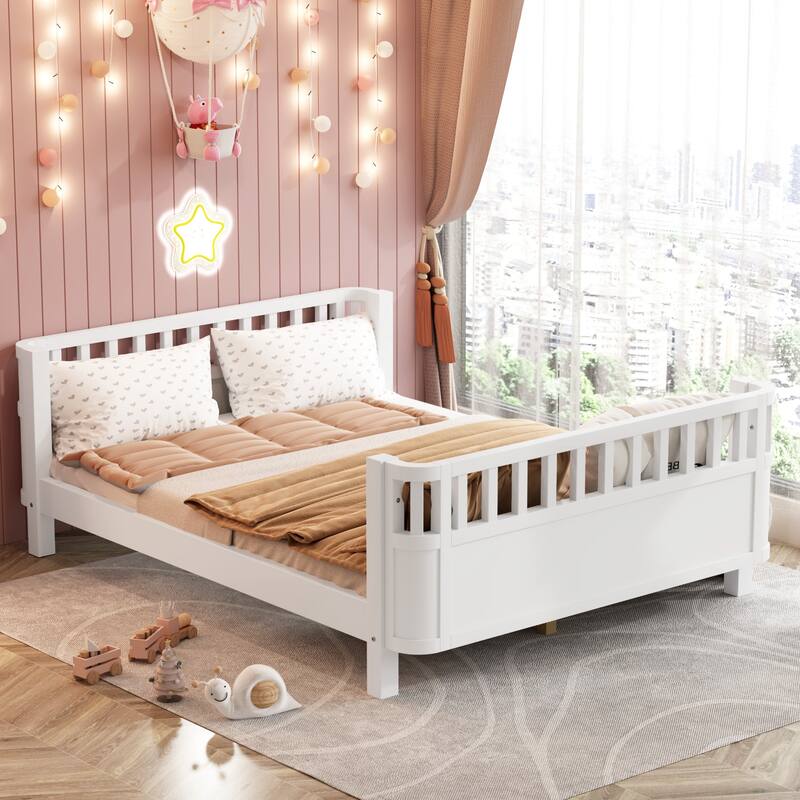 White Full Size Wood Platform Bed with Safety Rails for Kids, Low Profile Design