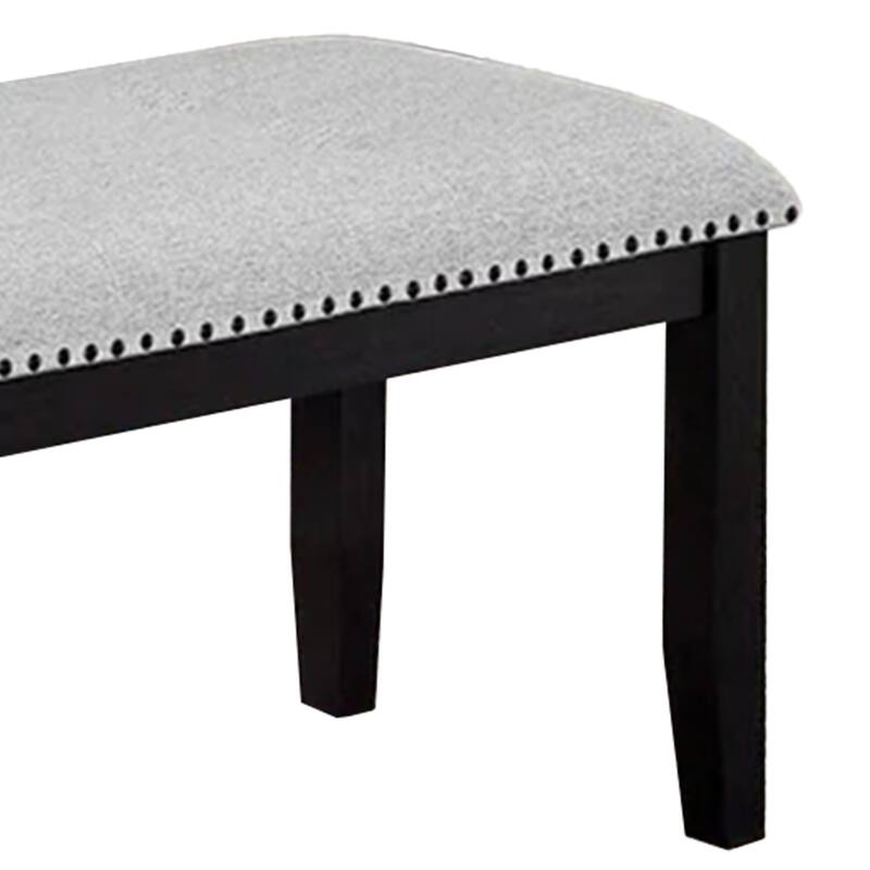 Amber Dining Bench, Gray Fabric Seat w Nailheads, Black Wood, 48 Inch