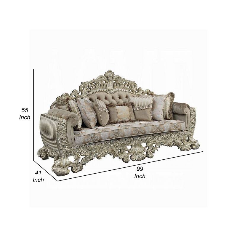 Esen Ornate Sofa, 7 Accent Pillows, Gold, Tufted Brown Velvet, 99 Inch