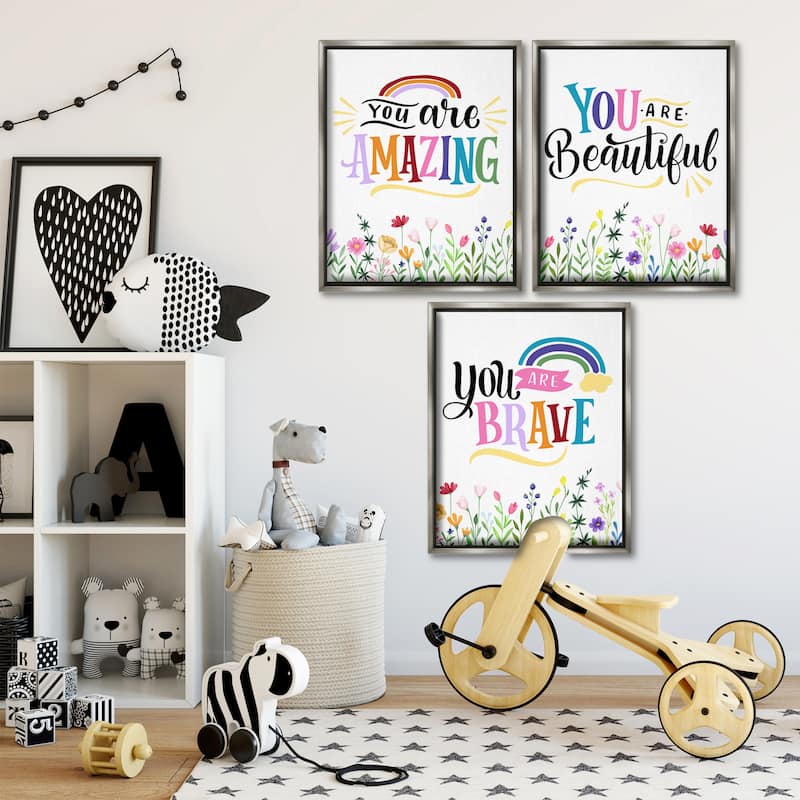 Stupell Confidence Sentiments with Florals Framed Floater Canvas Wall Art Design By Kim Allen (Set of 3)