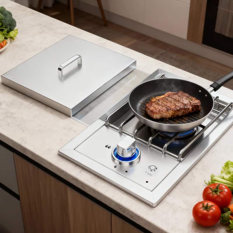 Single Grilling Side Burner, 17,000BTU Liquid Propane, Convertible to Natural Gas, 304 Stainless Steel Built - Silver