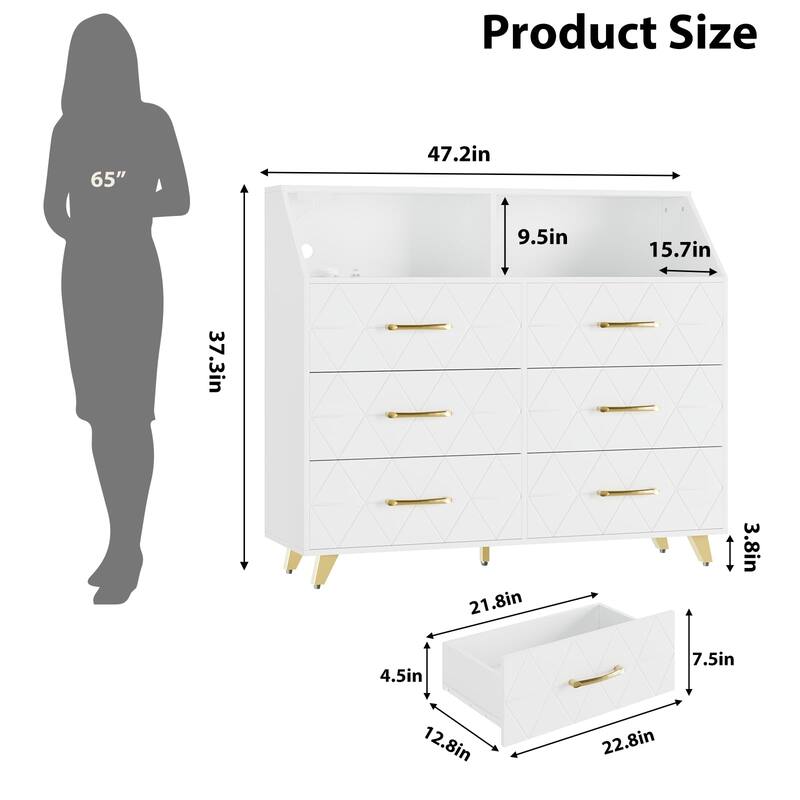 6 Drawer Dresser with Charging Station and Storage Shelf, 47" Wide Modern Wooden Chest for Bedroom