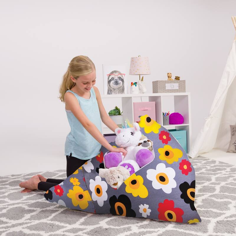 Stuffie Animal Storage Bean Bag Chair Cover, Room Organizer - 200 Liter Capacity Large - Canvas Multi-Colored Flowers on Gray