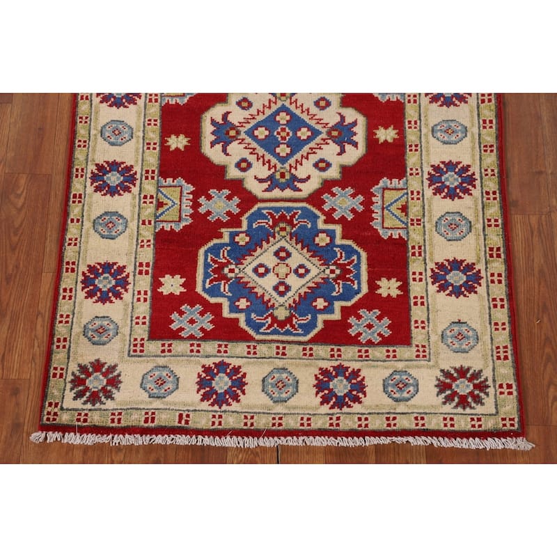Red Geometric Kazak Oriental Accent Rug Handmade Foyer Wool Carpet - 2'8" x 3'9"