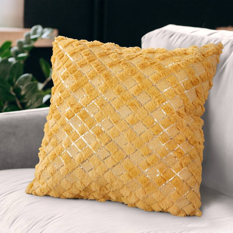 Checker Embroidered Pillow with Sequins - Gold