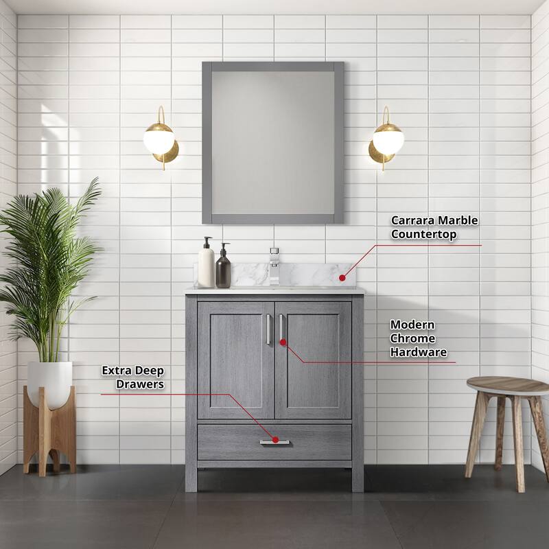 Jacques 30 in White Bath Vanity, Carrara Marble Top, Faucet, & Mirror