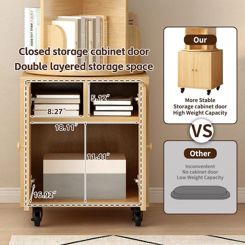 Anmytek 360 Rotating Corner Bookshelf with Wheels Space Saving Storage for Small Rooms