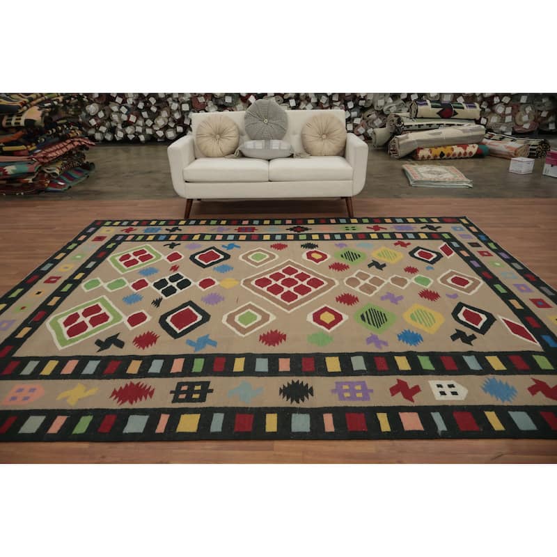 Hand Woven Oriental 100% Wool Carpet Southwestern Modern Brown Kilim Area Rug - 10' 6'' X 8' 6''