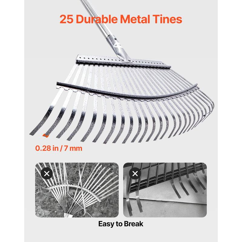 Adjustable Lawn Rake with Stainless Steel Metal Tines - 72.83 x 18.31 x 2.17 in