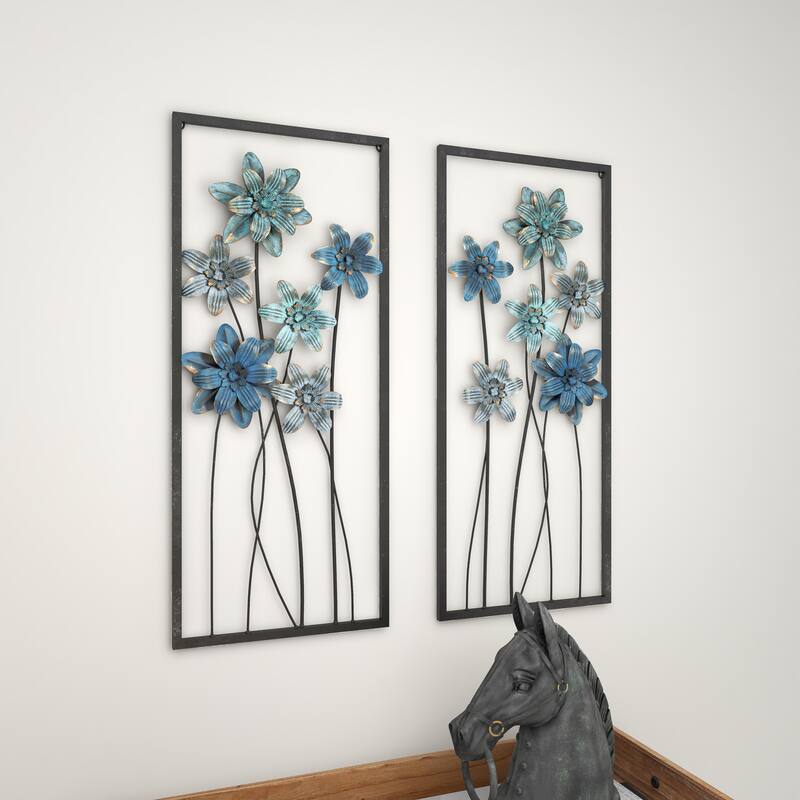 Teal Metal Floral Home Wall Decor with Black Frames and Gold Accents (Set of 2)