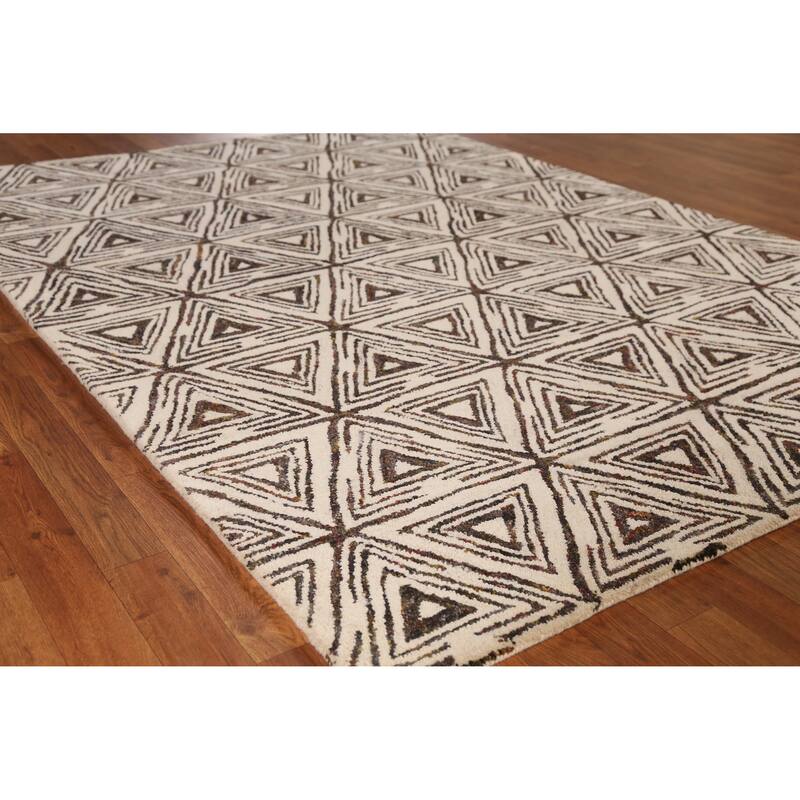 Geometric Modern Indian Area Rug Handmade Bedroom Wool Carpet - 5'3" x 7'7" - 5'3" x 7'7" - Ivory/Beige