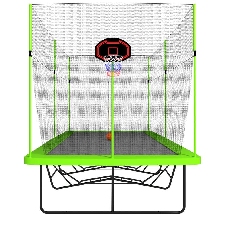 10ft by 17ft Trampoline with Green Fabric Black Powder-coated Galvanized Steel Tubes with Basketball Hoop System Advanced Ladder