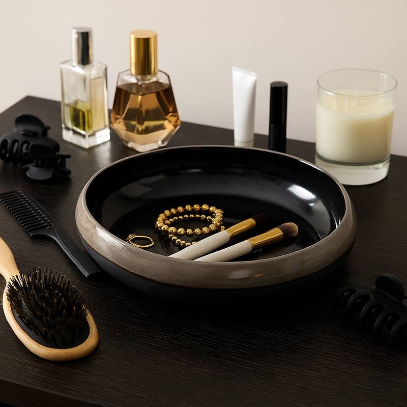 Decorative Round Glazed Bowl with Two Tone Finish - 14", Tan & Blue - 14.0"