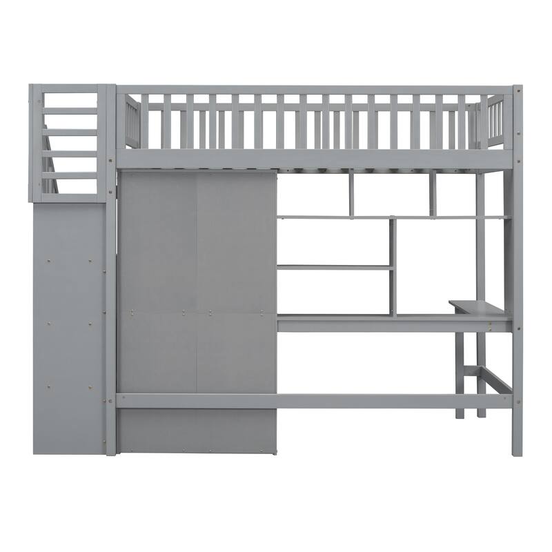 Gray Twin Size Loft Bed with Storage Stairs, Desk and Wardrobe, Stairway High LoftBed with Bookshelf & Drawers, Wooden Bedframe