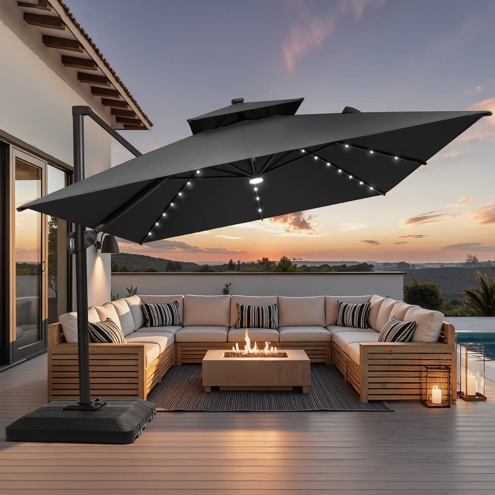 9 X 11 FT Outdoor Patio Cantilever Umbrella with Solar Lights 4-Piece Premium Base Double Canopy 360 Rotation Tilt