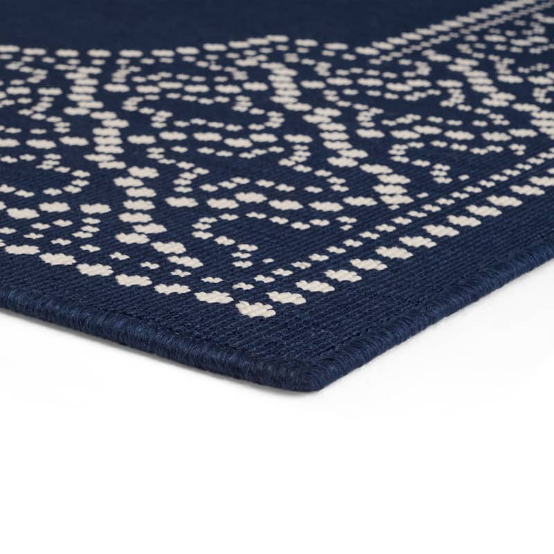 Navy Blue & Ivory Outdoor Area Rug with Elegant Border Design, Durable Polypropylene, Ideal for Patio, Deck, or Balcony