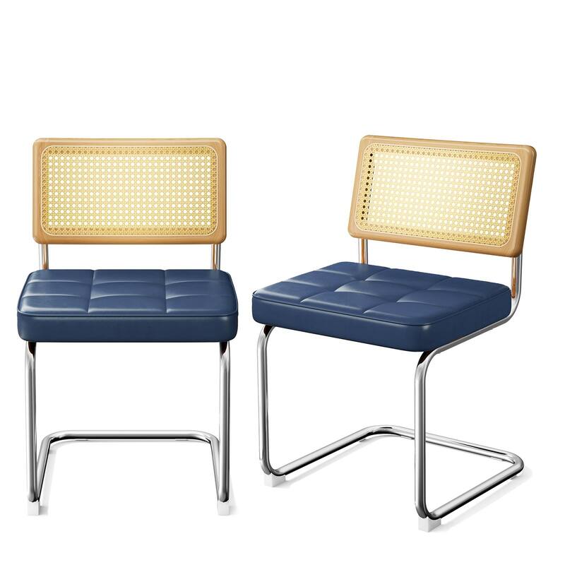 Natural Rattan Dining Chairs Set of 2, Modern Dining Room Chairs with Solid Wood Back,Upholstered Faux Leather - Blue