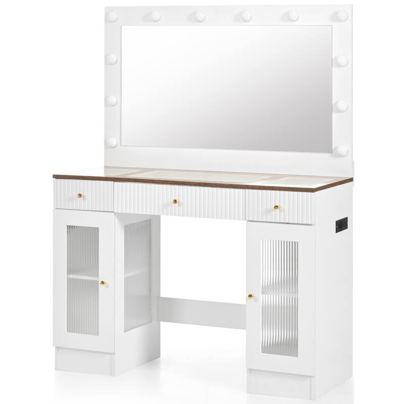 43.3" Vanity Desk with Large Mirror and Hollywood Bulbs