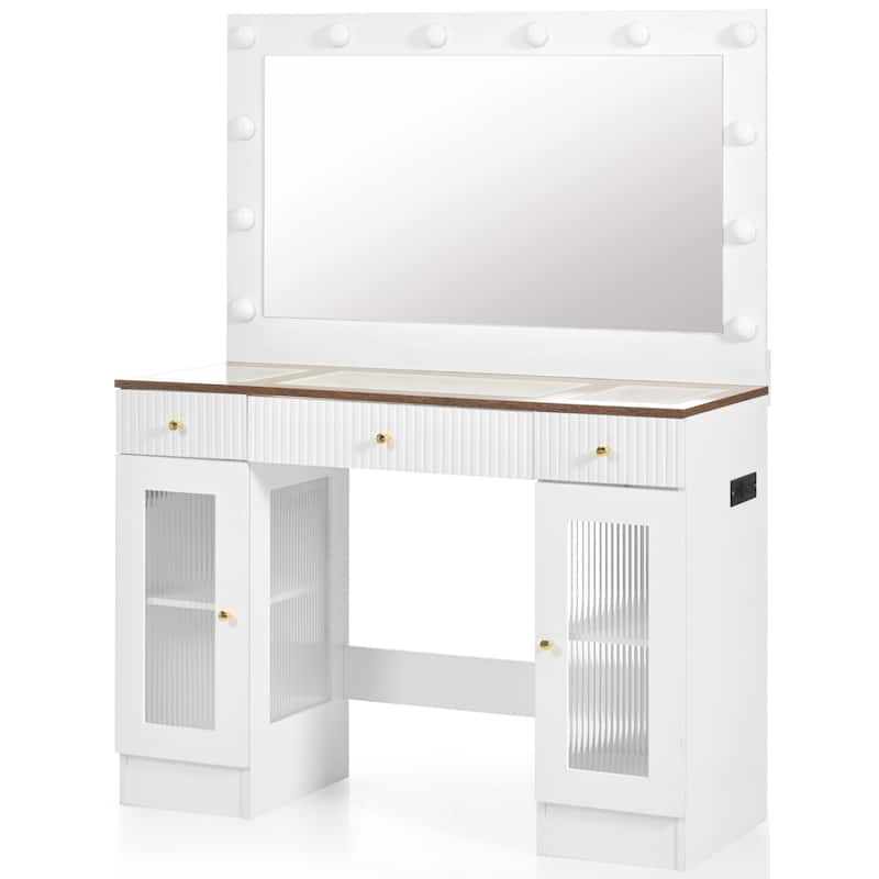 43.3"Vanity Desk with Large Mirror and Hollywood Bulbs,Glass Top Makeup Vanity with Drawers and Power Outlet