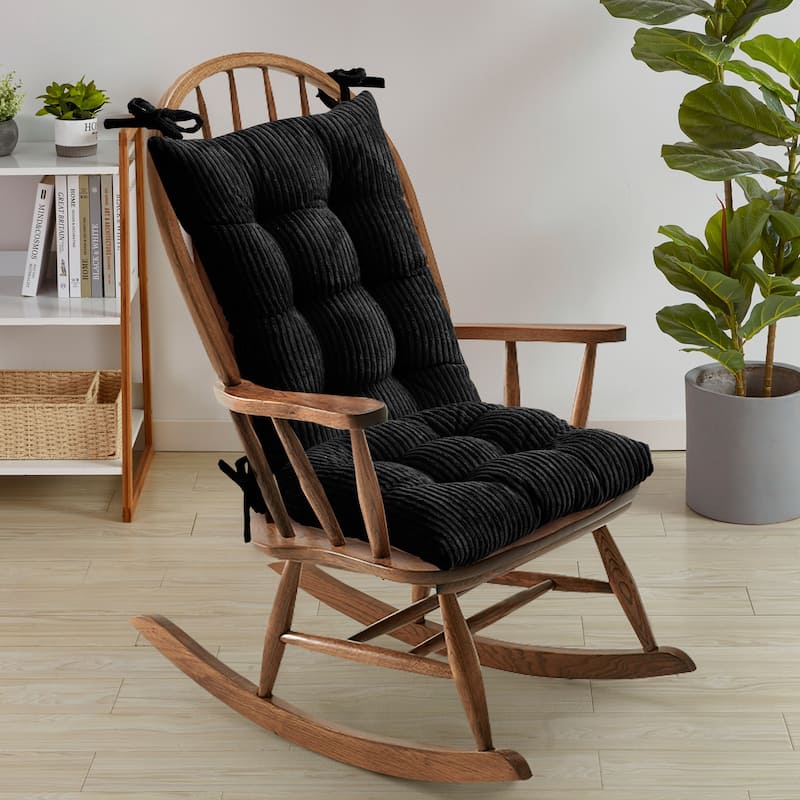 Sweet Home Collection 2 Piece Velvet Ribbed Non Slip Rocking Chair Cushion Sets - Black