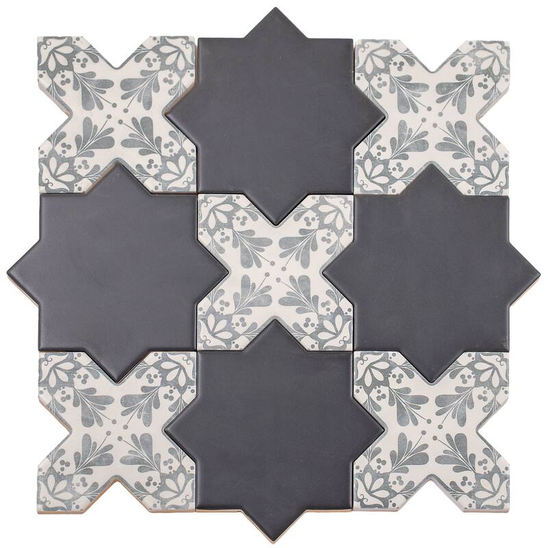 Siena 5" Star with Cross Deco Matte Ceramic Wall and Floor Tile (10.76 sq ft/case) - 54 Pack - Gray, Charcoal Black