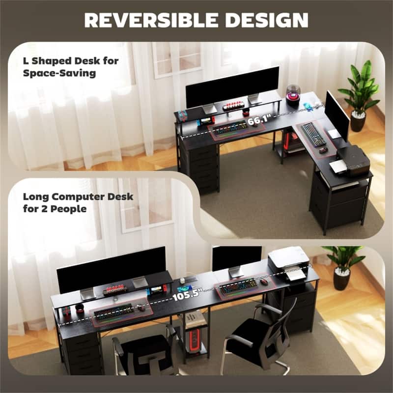 L Shaped Gaming Desk with RGB LED Light USB Charging Ports Storage Drawers and Ergonomic Monitor Stand Sturdy Office