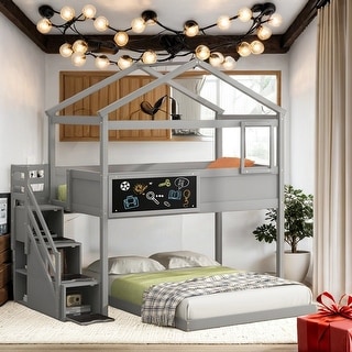 Solid Construction Twin Over Twin House Bunk Bed With Blackboard