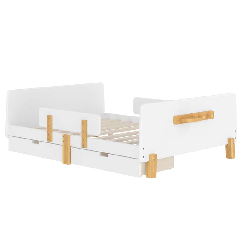Full/Twin Platform Bed with Storage Drawers, Guardrail & Hooks
