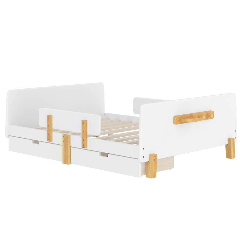 Low Profile Solid Wood Platform Bed Frame with Storage Drawers, Guardrails and Headboard, Footboard with Small Shelf and Hooks