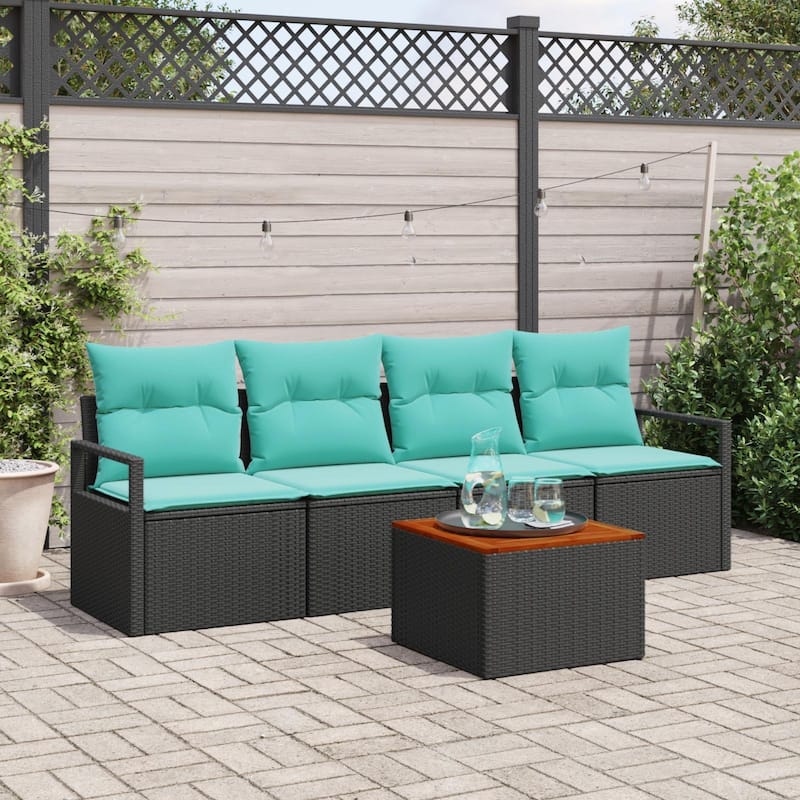 vidaXL 5 Piece Garden Sofa Set with Cushions - Black Poly Rattan Acacia - 90.6×24.4×27.2