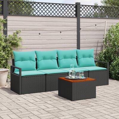 vidaXL 5 Piece Garden Sofa Set with Cushions - Black Poly Rattan Acacia - 90.6×24.4×27.2