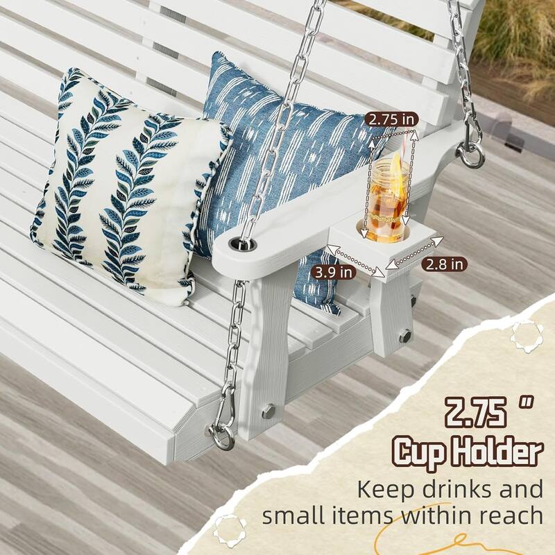 2-Seat Outdoor Wooden Porch Swing Bench with Hanging Chains & Wide Armrests & Cup Holder