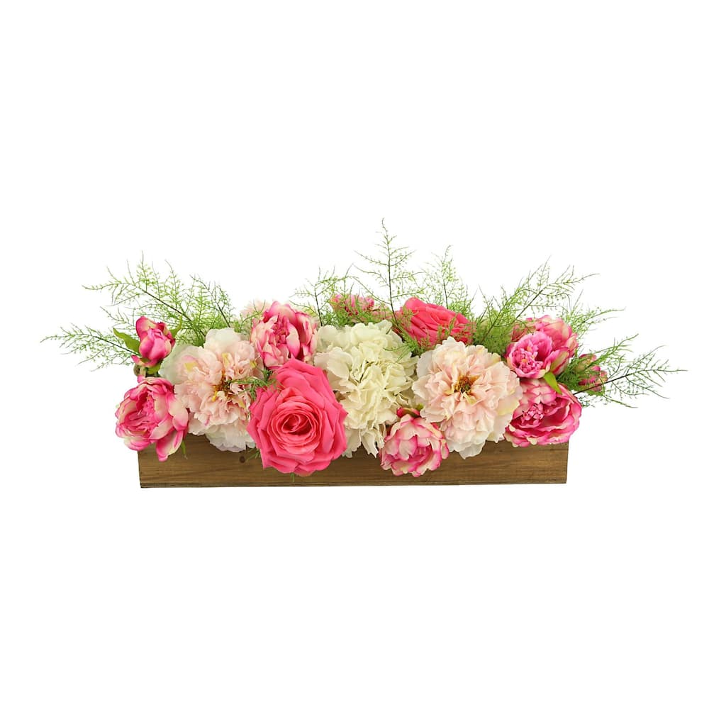 Hydrangea and Peony Floral Arrangement in a Wooden Basket - White, Pink, Magenta, Green