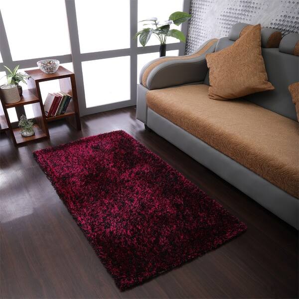Hand Tufted Shag Polyester Area Rug Solid Violet Black K00111 Bed