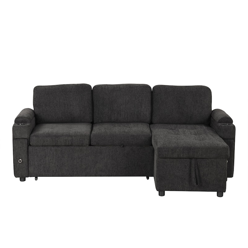 83.5" L-shaped Sofa Couch Convertible Sofa Bed Sectional Sofa with Ample Storage Space, Two Cup Holders and Two USB Ports