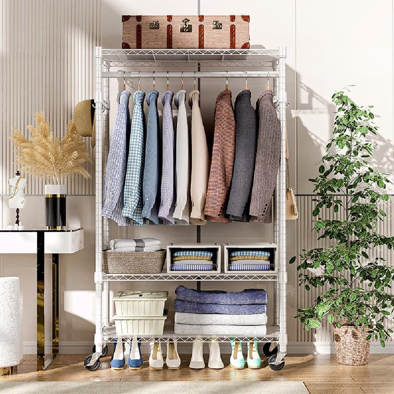 Heavy Duty Rolling Garment Rack with Wheels, 3-Tier Adjustable Wire Shelving, Clothes Rack with Rods & Side Hooks - White