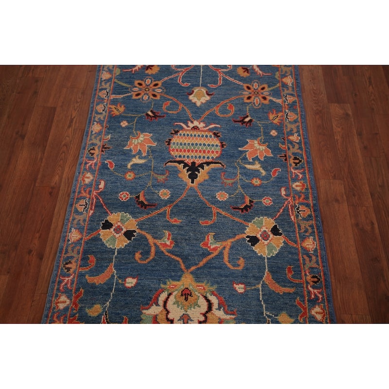 Blue Floral Ziegler Vegetable Dye Runner Rug Hand-Knotted Wool Carpet - 2'8" x 12'3"