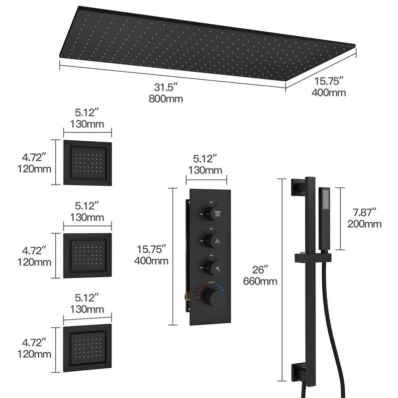 3-Spray 32 in. x 16 in. Ceiling Mount Fixed and Handheld Dual Shower Head 2.5 GPM with Adjustable Slide Bar and 3-Body Jets