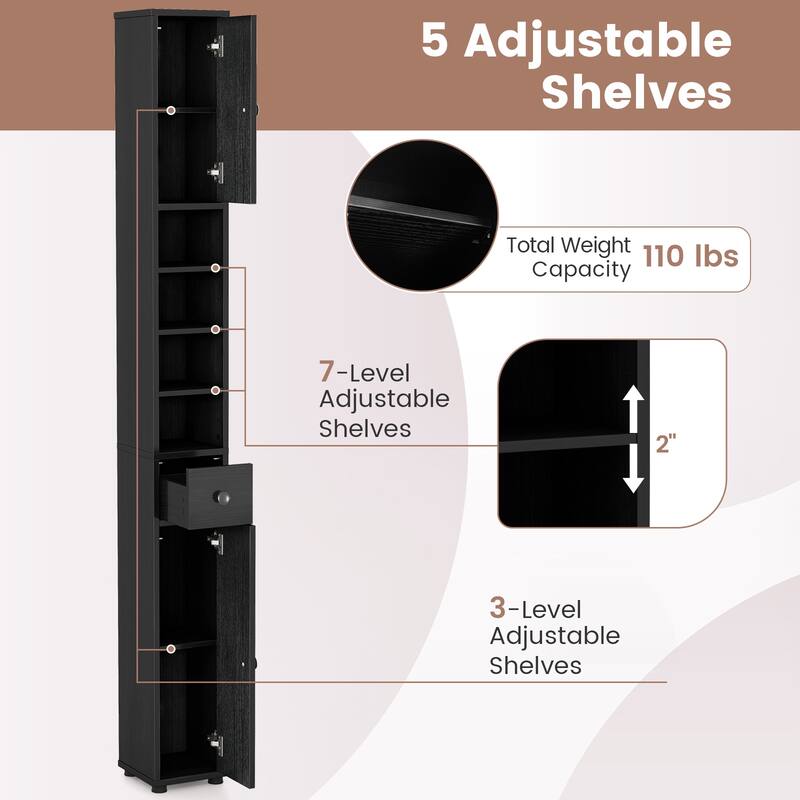 Narrow Freestanding Storage Cabinet for Bathroom Kitchen or Living Room Organization - 8" x 8" x 71"