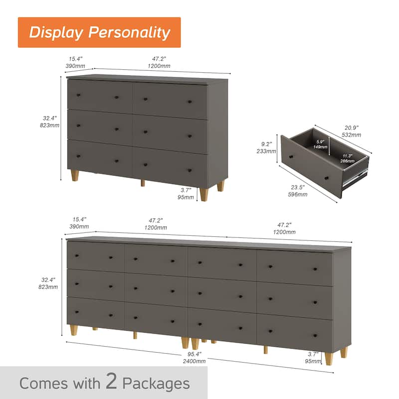 6 Drawers Dresser for Bedroom, Wooden Wide Chest of Drawers