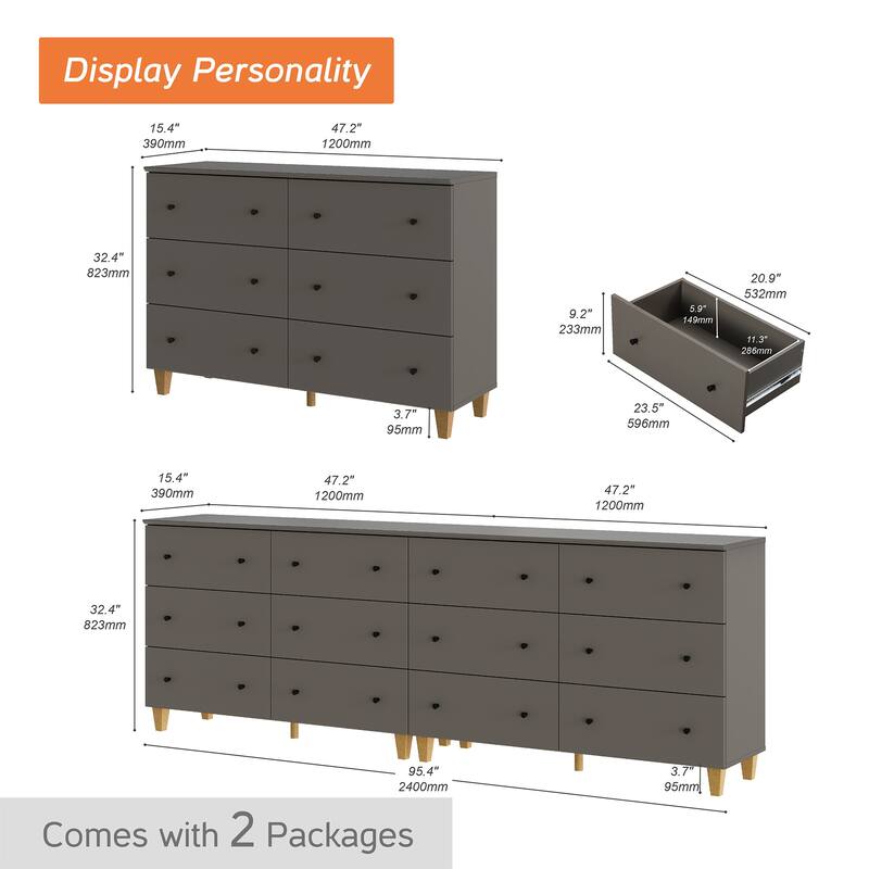 Wood Dresser with 6 Drawers for Bedroom, Closet, Nursery