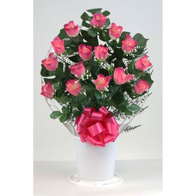 Memorial Rosebud & Gypsophilia Arrangement in Large, White Cemetery Hoop Basket with Handle - N/A