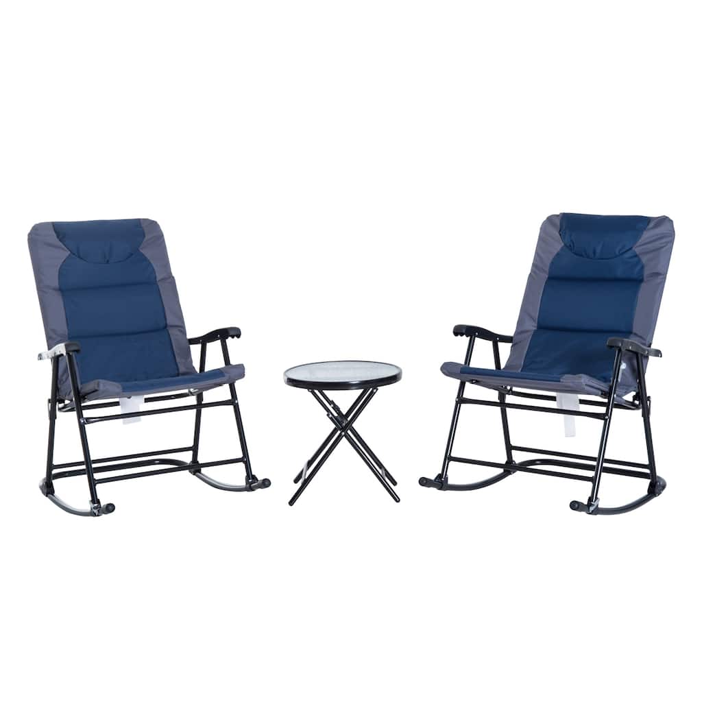 Outsunny 3 Piece Outdoor Patio Furniture Set with Glass Coffee Table & 2 Folding Padded Rocking Chairs