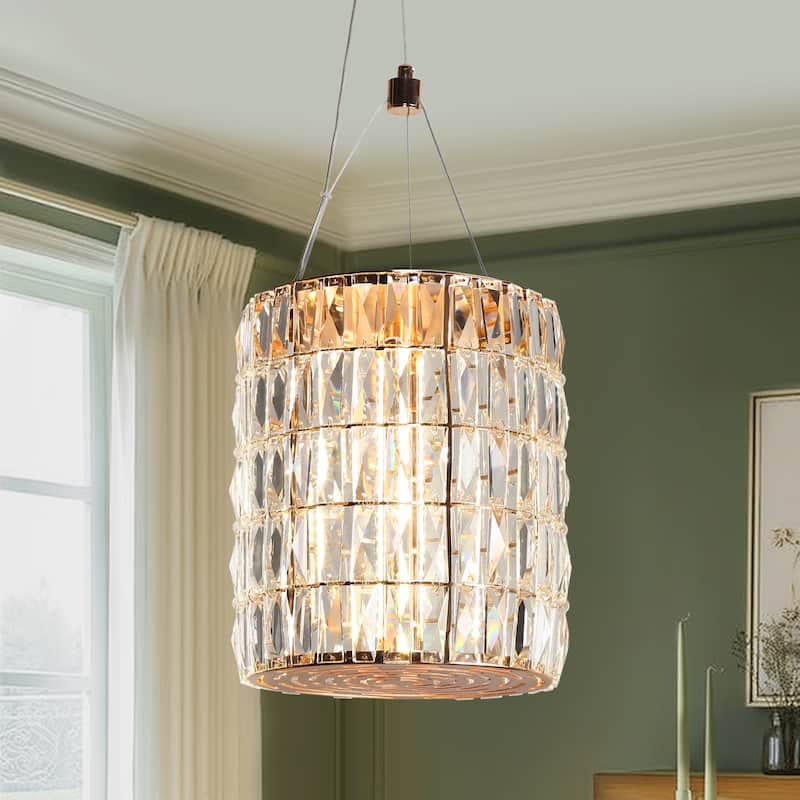 Modern Glam LED 1-Light Crystal Drum Island Pendant Rose Gold Island Lights for Dining Room - D9.1" x H75.9" Max