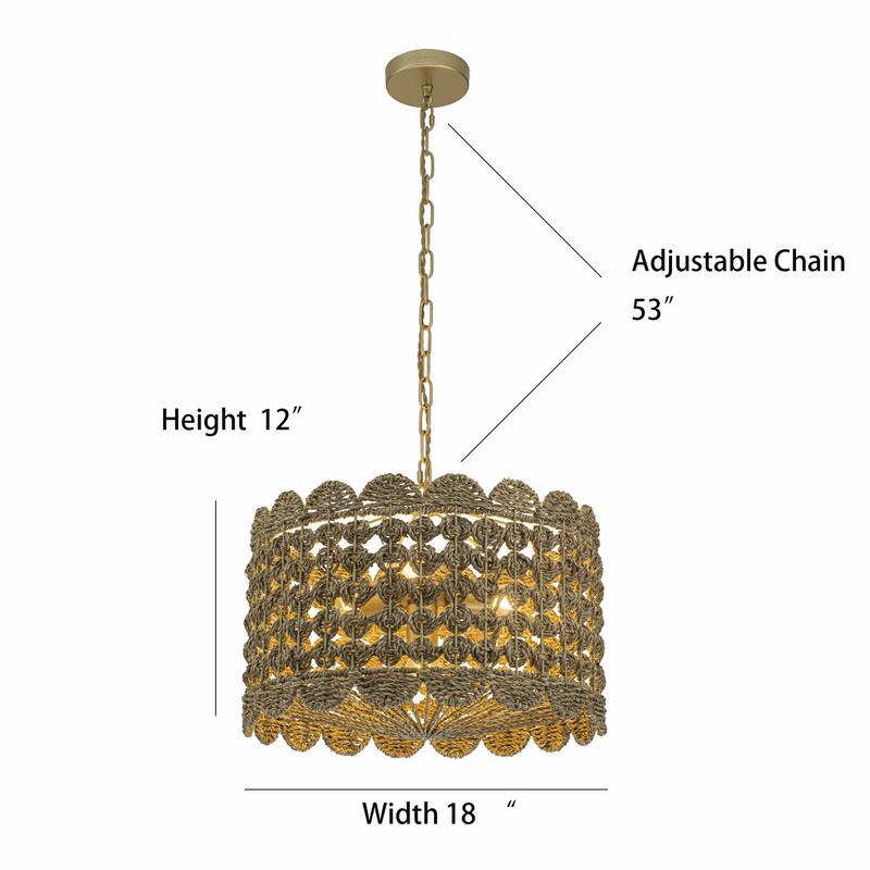 Riva Natural 4-Light Seagrass Scalloped Pendant, Coastal Boho - Handwoven - 18" Wide