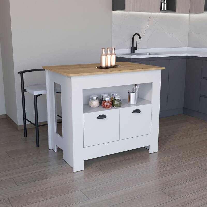Stylish Kitchen Island with Cabinet Storage, Open Shelving, and Durable Wood Construction for Organized Cooking Spaces - White/Macadamia